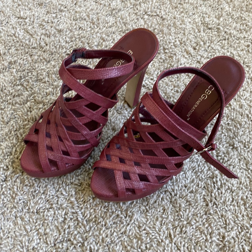 Burgundy platform around-the-ankle heels